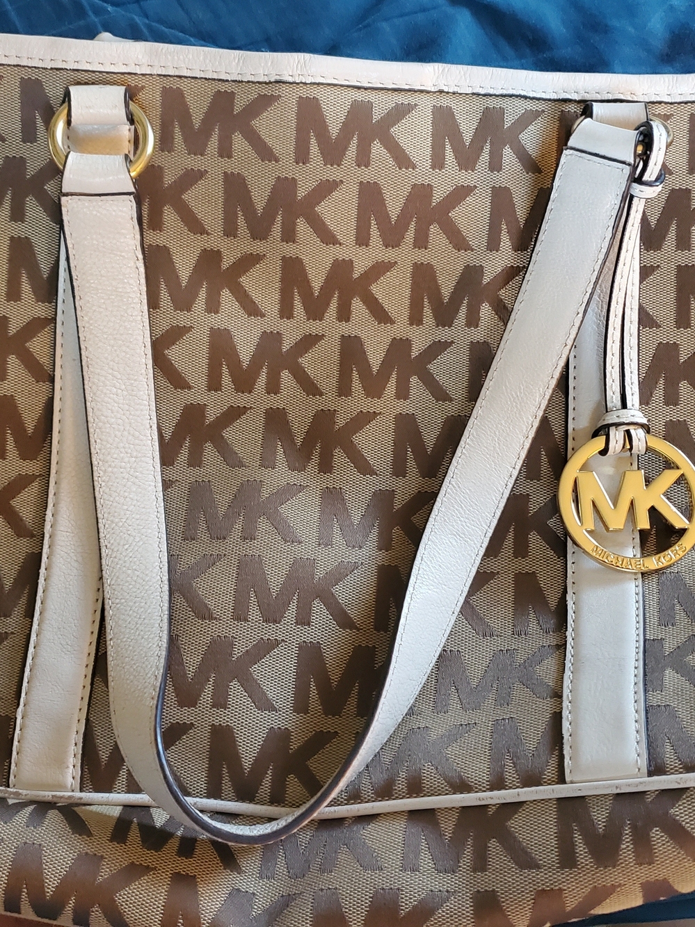 Michael Kors Brown MK Logo Tote with White Trim and Gold Accent